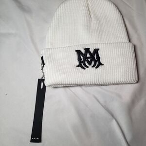 AMIRI White Ribbed Beanie with Black Logo